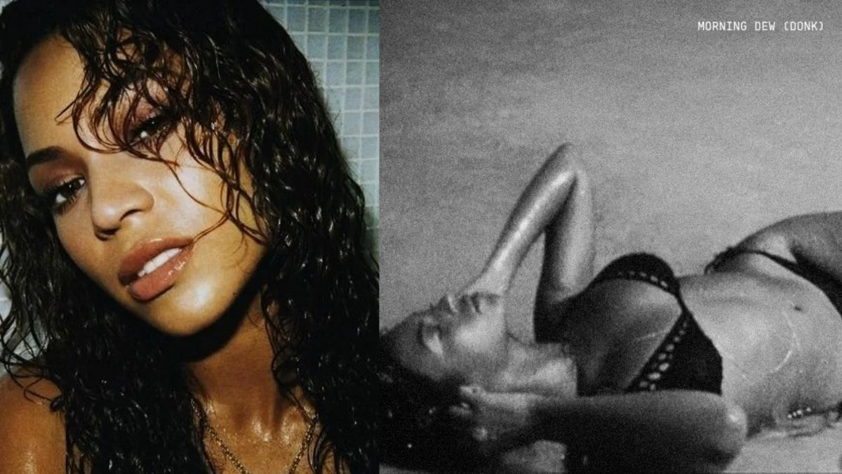 A split panel image with a close-up profile of wet-haired Beyoncé on the left, and a grainy, vintage black-and-white photo of her laying down in a bikini with the text 'MORNING DEW (DONK)' on the right.