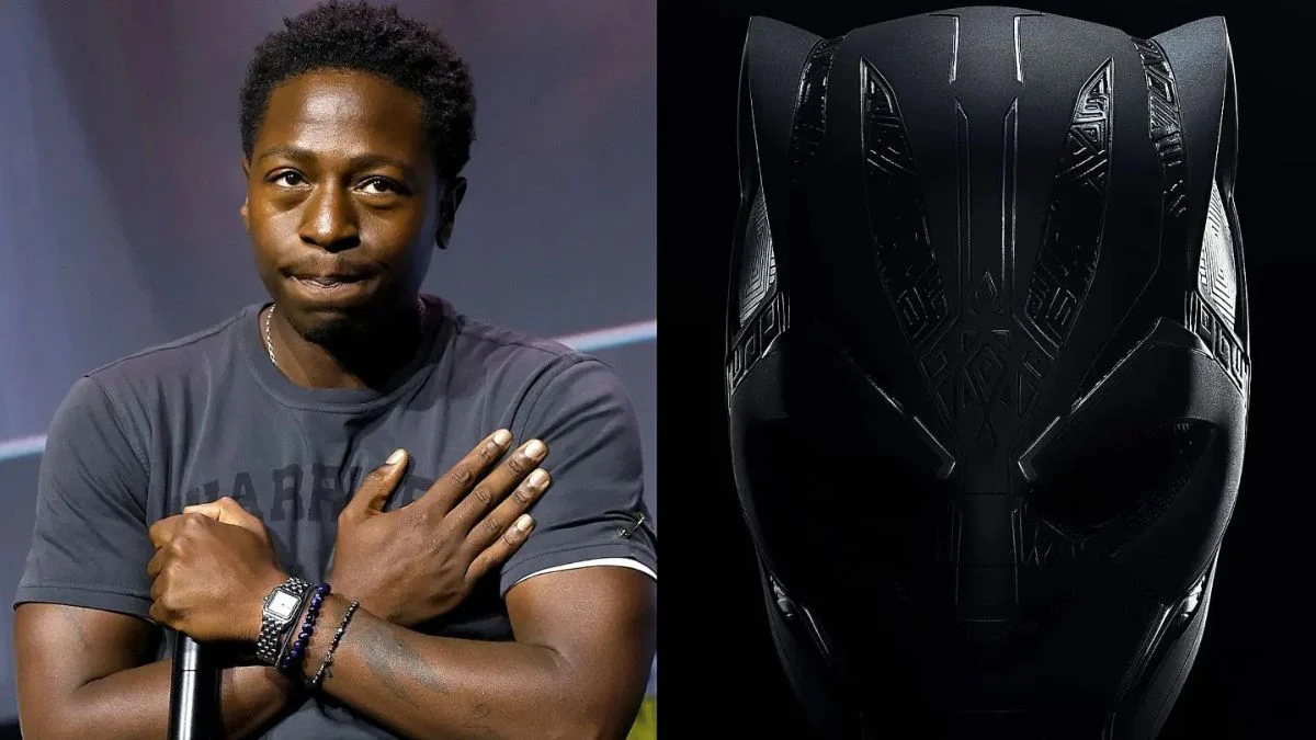 Side-by-side composite image showing actor David Jonsson giving a Wakanda Forever salute on stage next to a close-up of the black and silver Black Panther mask.