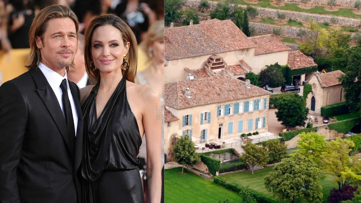 Side-by-side composite showing Brad Pitt in a tuxedo and Angelina Jolie in a black halter dress on the left, and an aerial view of the stone-walled Château Miraval estate on the right.
