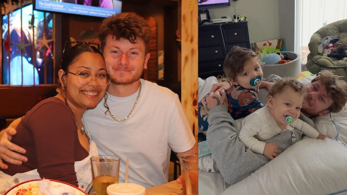 A side-by-side split image showing Connor Michael Read smiling next to his wife Jaelin Read on the left, and laying down while holding his twin sons Ryder and Ozzie on the right.
