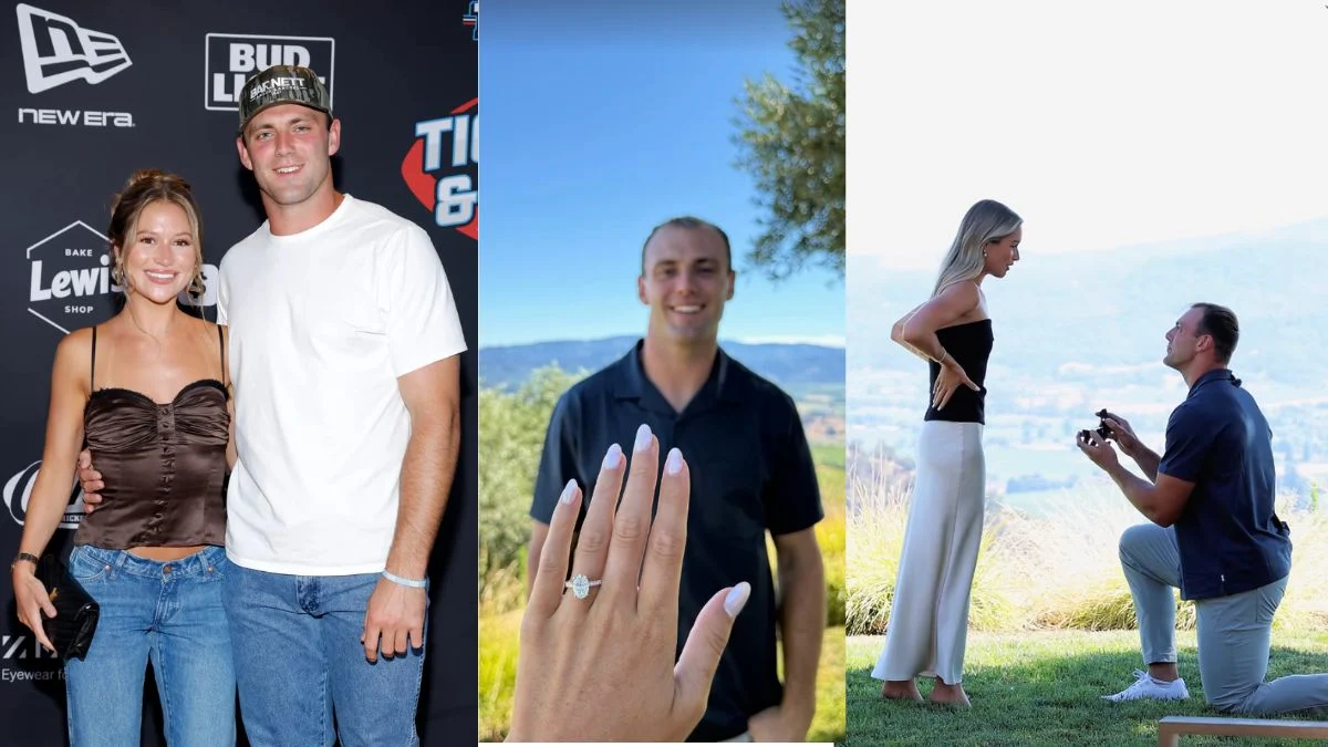 Las Vegas Raiders tight end Brock Bowers proposing to his fiancée Cameron Rose Newell on a hillside in Napa Valley.