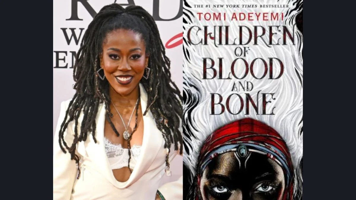 Side-by-side split image featuring author Tomi Adeyemi in a white suit on the left and the book cover of Children of Blood and Bone on the right.