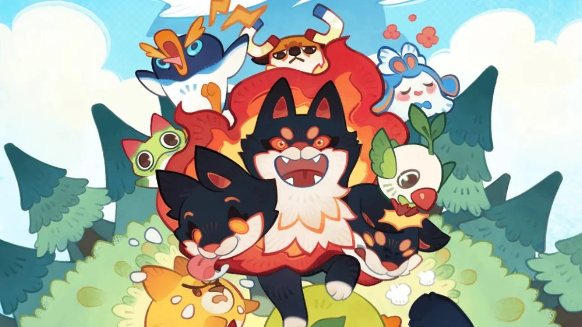 Colorful cartoon art featuring a variety of stylized critters grouped together against a forest and sky background in Clash of Critters.