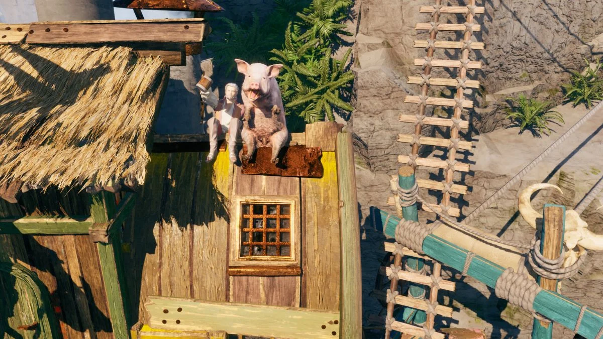 A close-up screenshot from Corsair Cove featuring a pirate character and a pig sitting together on a thatched wooden roof.