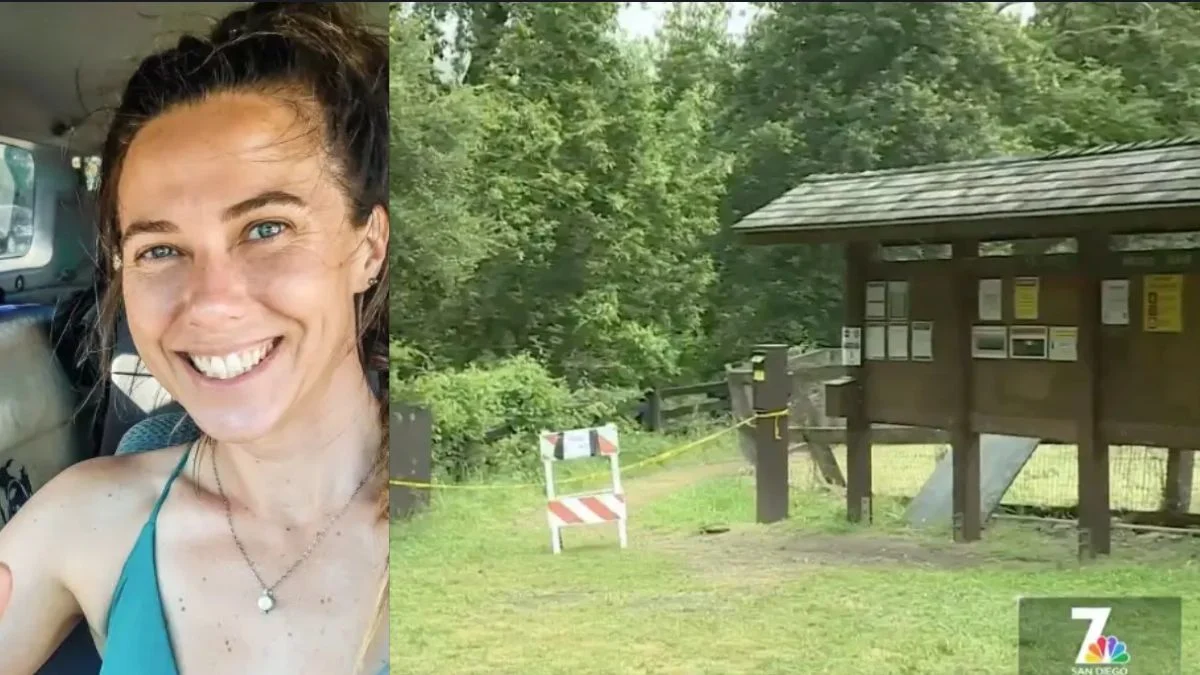 Joanna Ruth Shields smiling next to the Pine Ridge Trail entrance kiosk in Big Sur.