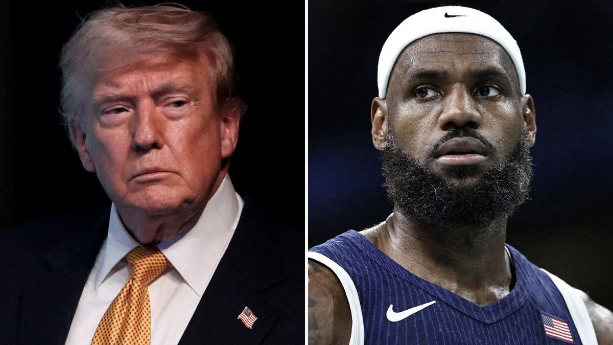 Donald Trump and LeBron James split-screen headshots highlighting their ongoing political and sports rivalry.