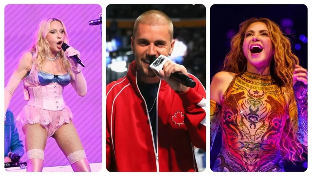 A three-panel collage showcasing live stage performances from Madonna in a pink outfit, Justin Bieber in a red track jacket, and Shakira in a vibrant patterned jumpsuit.