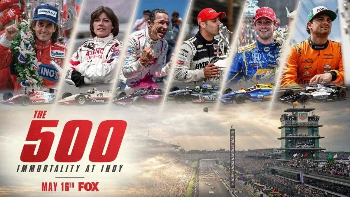 Promotional graphic poster for FOX featuring a collage of legendary Indy 500 drivers, historic race cars, the text "The 500 Immortality at Indy," and a view of the Pagoda.