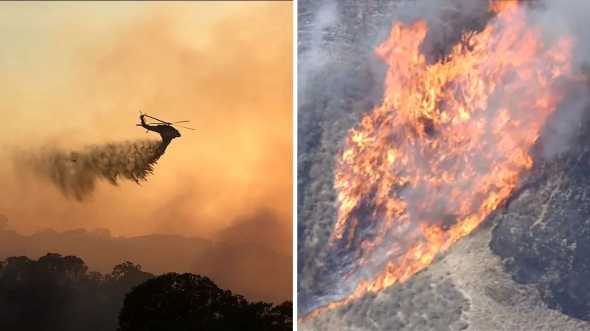 Side-by-side aerial view of the Little Fire showing a helicopter dropping water or retardant through smoky skies next to a view of roaring flames racing up a steep California hillside.