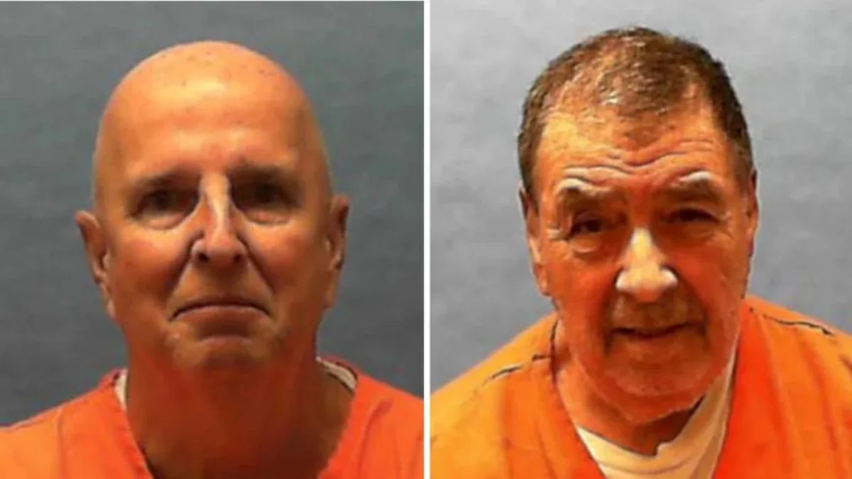 Side-by-side prison mugshots of Florida death row inmates James Aren Duckett, left, and Dominick Anthony Occhicone Jr., right, both wearing orange jumpsuits against a grey background.