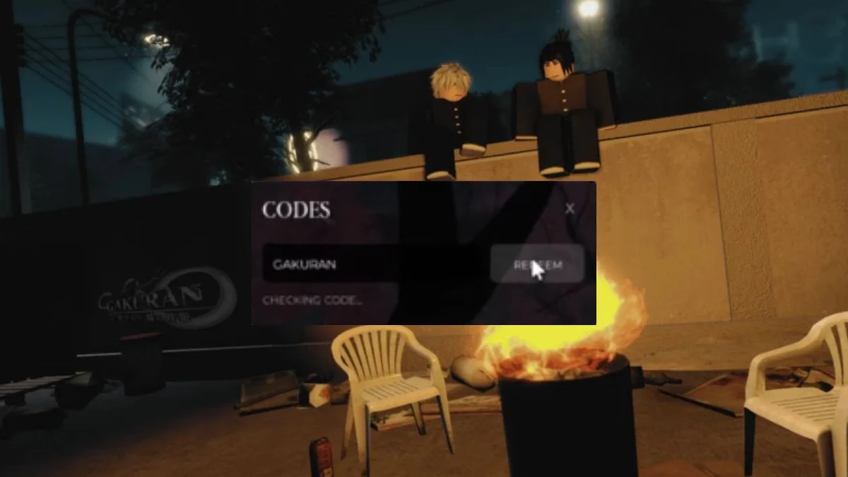 Roblox Garkuran gameplay screen showing characters sitting on a wall near a fire with the code entry box overlaid.