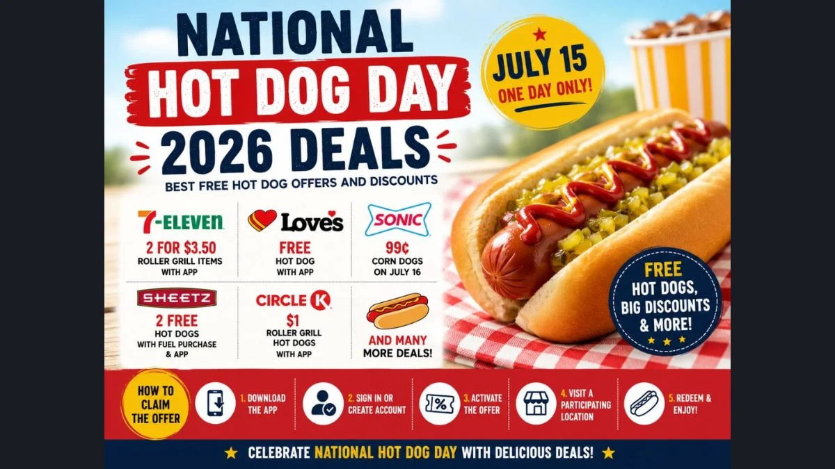 An infographic for National Hot Dog Day 2026 Deals highlighting discounts from 7-Eleven, Love's, Sonic, Sheetz, and Circle K, featuring a close-up of a loaded hot dog with mustard and relish on the right side and a five-step "How to Claim the Offer" guide at the bottom.