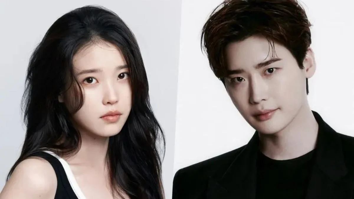 Side-by-side agency portraits of singer-actress IU and actor Lee Jong-suk following their breakup announcement.