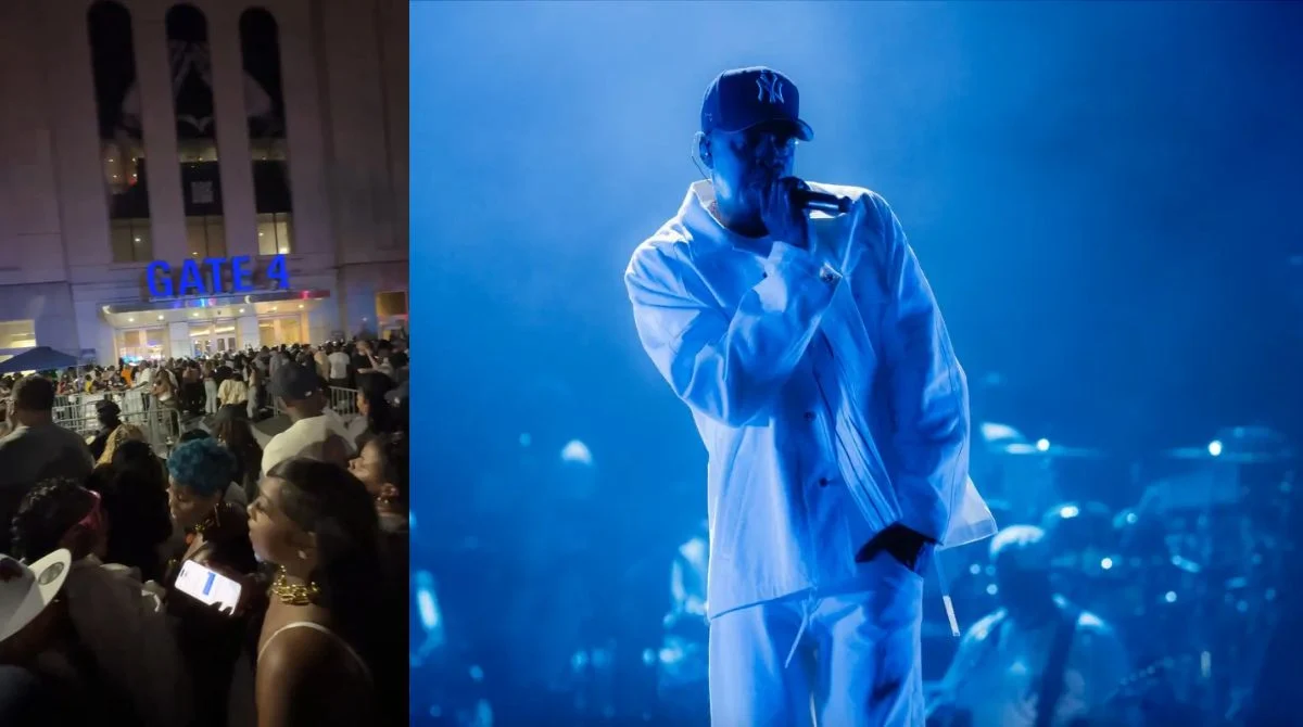 Split screen featuring a crowd of people waiting outside Gate 4 of Yankee Stadium on the left, and a wider view of Jay-Z performing in a white outfit under blue lighting on the right.