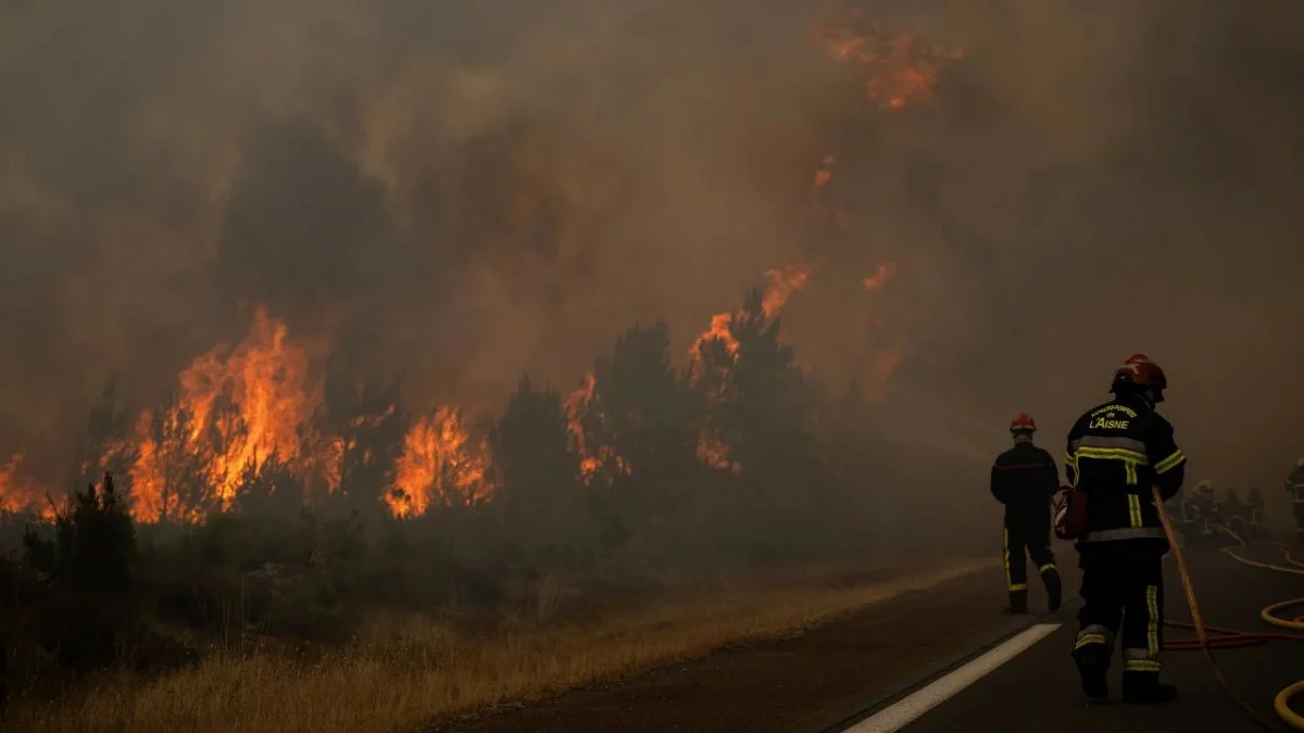 Firefighters in L'Aisne uniforms walk along a smoke-filled road as massive flames devour a pine forest during the 2026 France wildfire emergency.