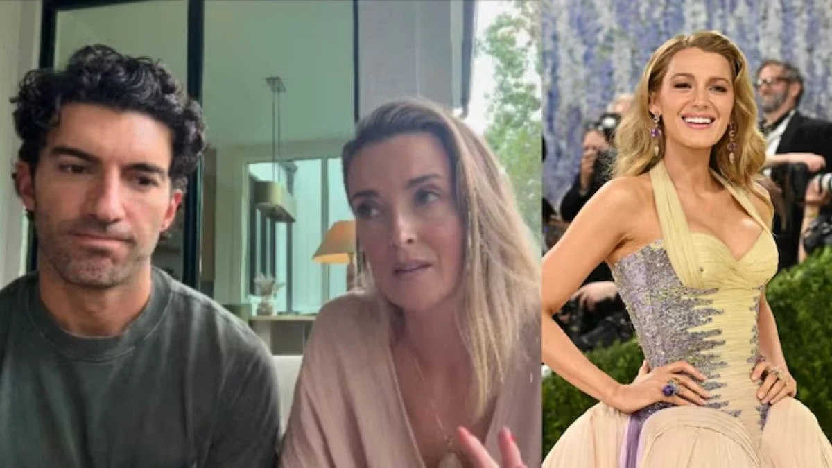 Side-by-side split screen showing Justin and Emily Baldoni in an emotional Instagram video on the left, and Blake Lively smiling at a formal event on the right
