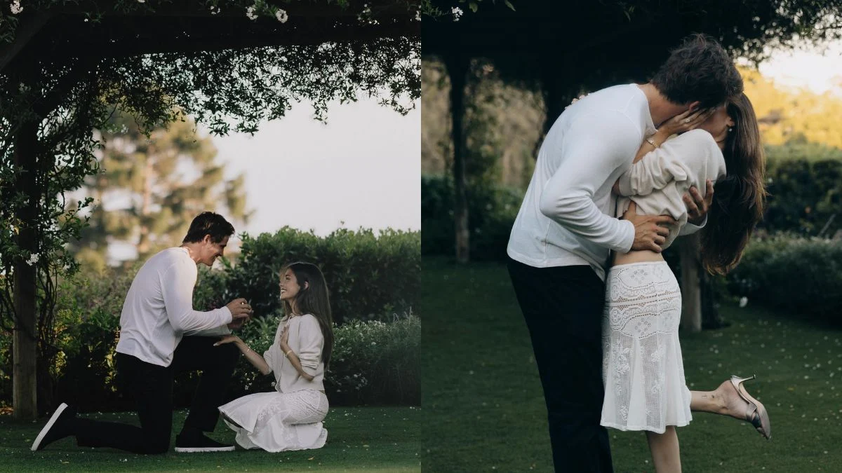 A two-panel photo gallery showing NFL quarterback Justin Herbert on one knee proposing to a smiling Madison Beer in a garden setting, alongside a photo of them embracing and kissing right after.