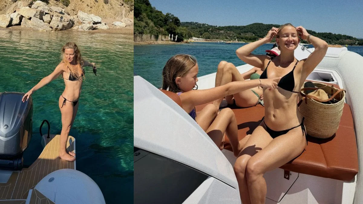 Split image showing Kate Hudson in a black string bikini on a boat platform, alongside a sunset photo with fiancé Danny Fujikawa and daughter Rani.