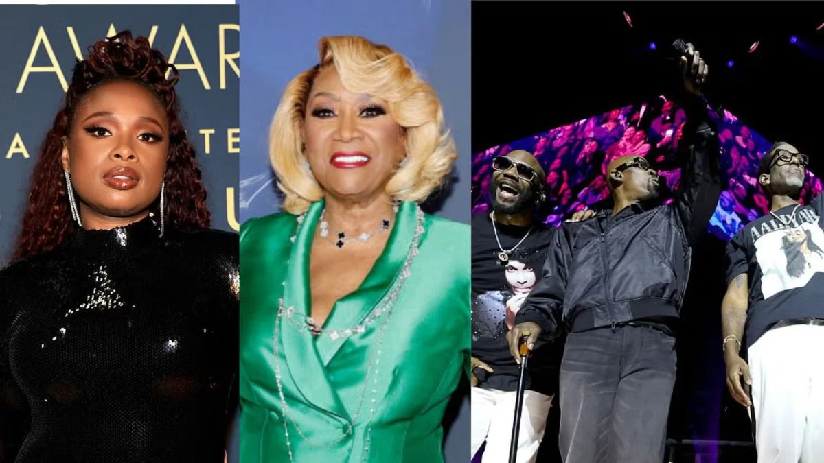 Three-panel composite photo showing Jennifer Hudson in a black sequin dress on the left, Patti LaBelle smiling in a green outfit in the middle, and Boyz II Men singing on stage on the right.