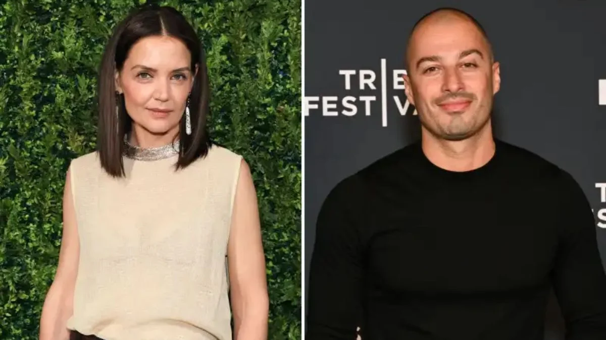 Side-by-side split image featuring a red carpet headshot of actress Katie Holmes on the left and a portrait of artist Jason Bard Yarmosky on the right.