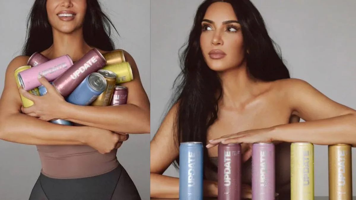 A side-by-side split promotional image of Kim Kardashian holding a bundle of UPDATE energy drink cans on the left and leaning over a line of colorful UPDATE cans while looking up on the right.