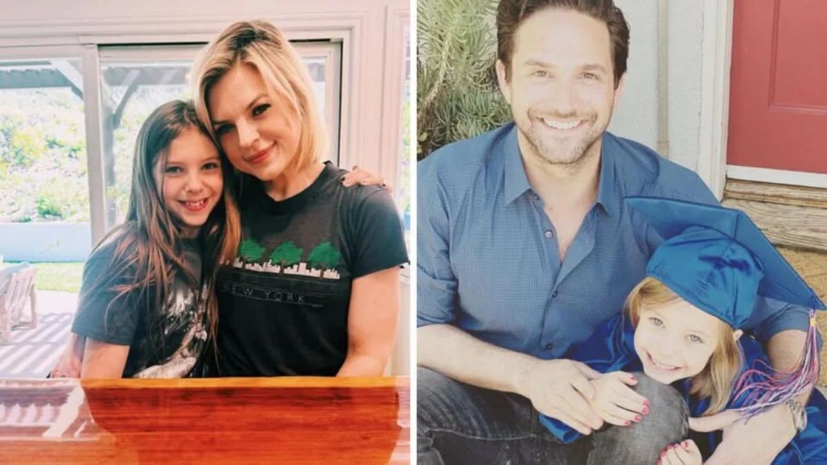 A split-screen image showing actress Kirsten Storms smiling alongside her daughter Harper Rose on the left, and actor Brandon Barash hugging Harper at a graduation event on the right.