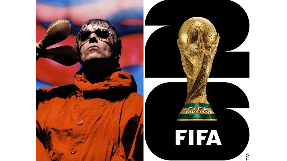 A side-by-side graphic featuring Oasis singer Liam Gallagher holding maracas on the left, and the official FIFA World Cup 2026 logo on the right.