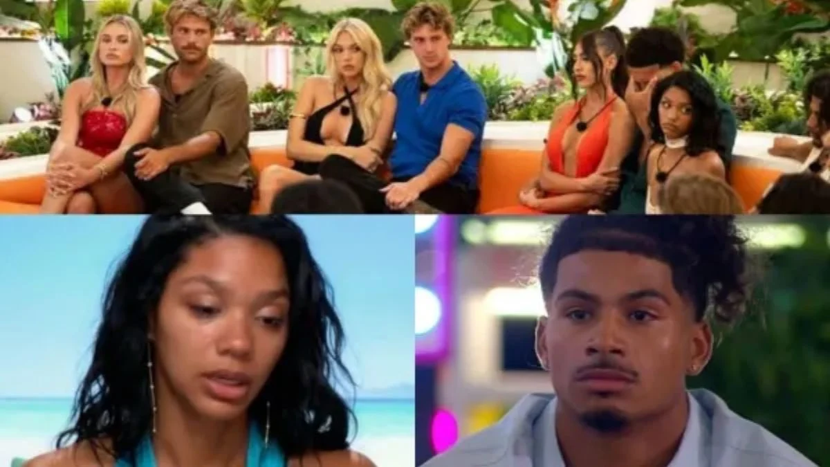 A split panel image with a group of nervous contestants on a villa couch on top, and separate close-up reaction shots of a crying woman and a tense man below.