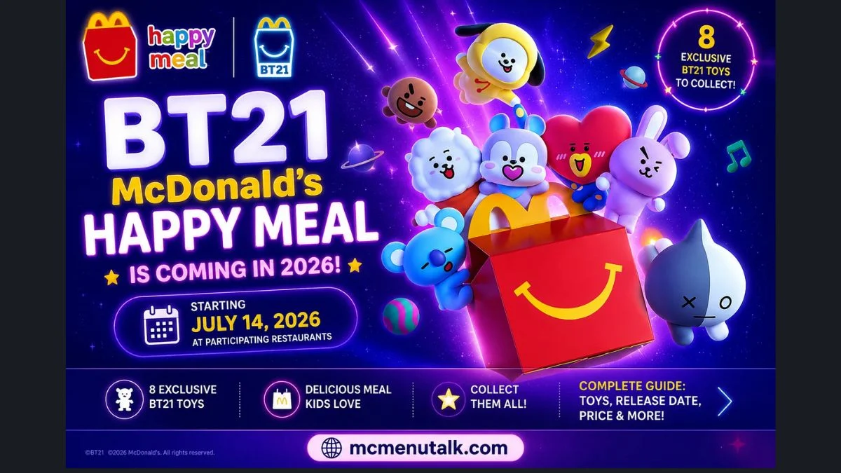 Official promotional poster for the McDonald's BT21 Happy Meal launching on July 14th featuring all 8 BTS characters on a Happy Meal box in space.