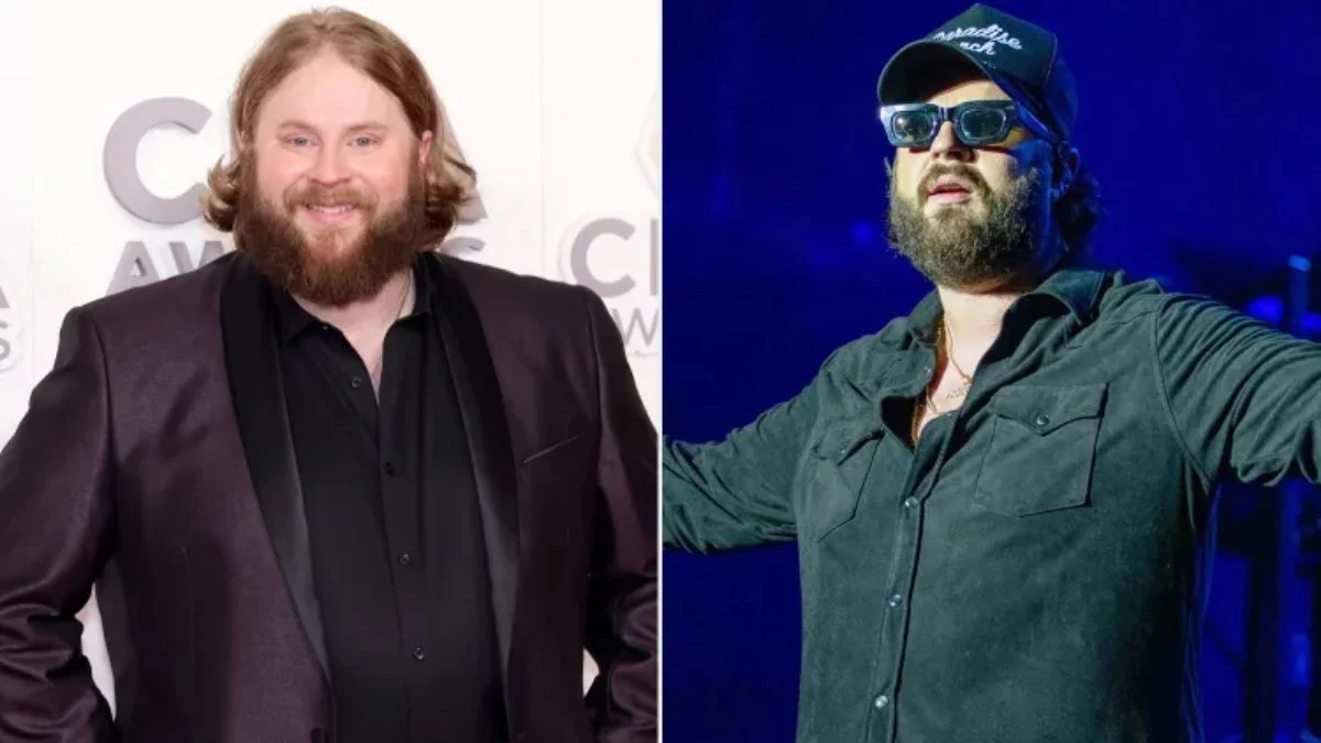 Side-by-side before and after photos of country singer Nate Smith showing his dramatic 70-pound weight loss.