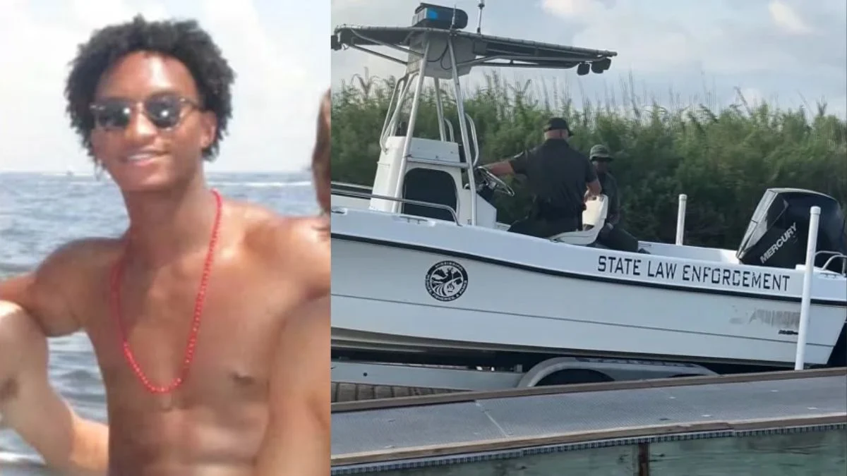 A split screen showing a shirtless Nolan Wells wearing sunglasses and a red necklace on the left, and a Mississippi State Law Enforcement patrol boat on the right.