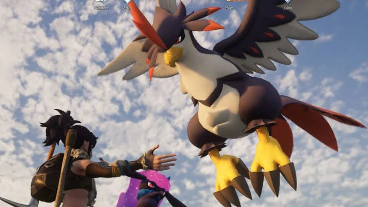 A player interacting with Nitewing, an early-game bird-like flying mount in Palworld, against a cloudy sky.