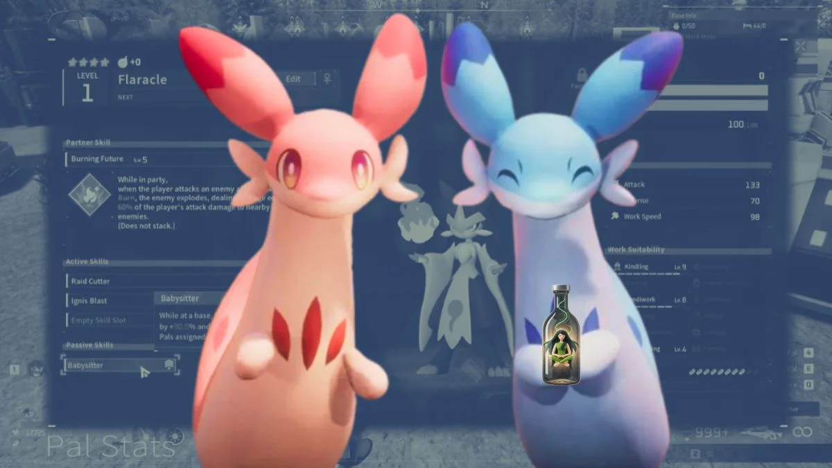 A composite graphic showing pink and blue Chillet Pals standing in front of a blurred Flaracle menu screen.