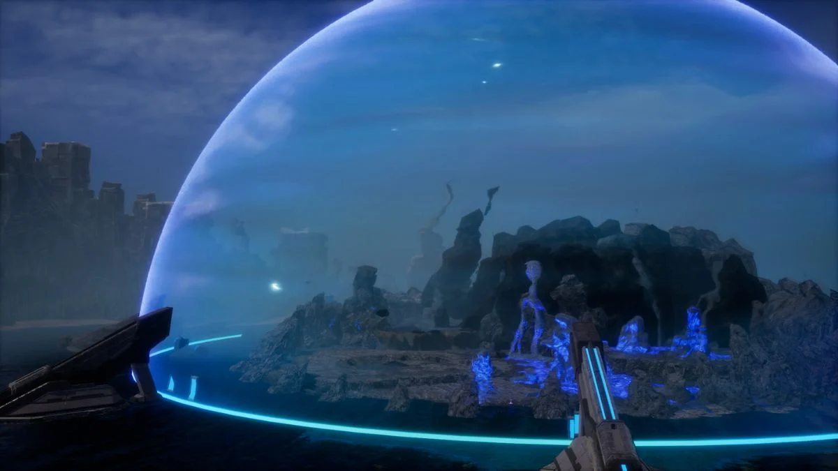 A large futuristic blue energy dome shielding a rocky base area in Palworld 1.0.