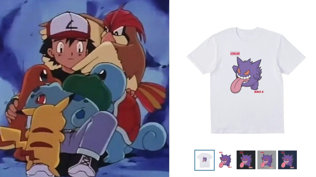 A side-by-side comparison of Ash Ketchum hugging his original Kanto team next to the modern custom Gengar anniversary shirt.