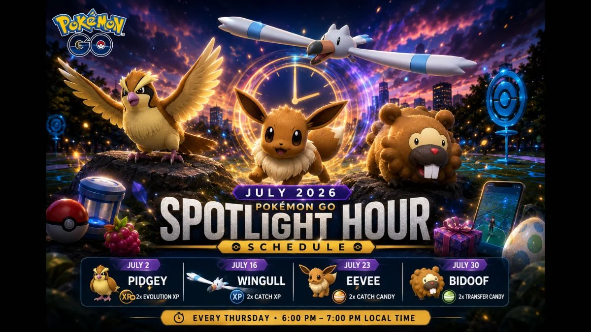 A collection of four digital event cards detailing the Pokemon Go July 2026 Spotlight Hour lineup, featuring Pidgey, Wingull, Eevee, and Bidoof with their respective times and active bonuses.