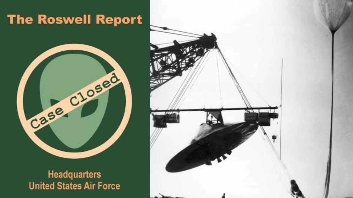 Official book cover graphic for "The Roswell Report: Case Closed" by the Headquarters United States Air Force, alongside a historical photo of a balloon launch.