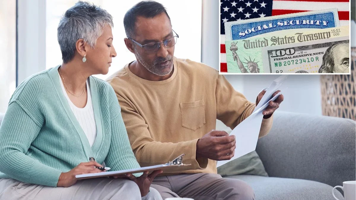An older, dual-income demographic couple sitting together on a couch, deeply focused while reviewing financial paperwork and holding a pen. A graphic overlay in the top right corner displays a Social Security card superimposed over a United States Treasury check ($100 face value visible) against the backdrop of an American flag.