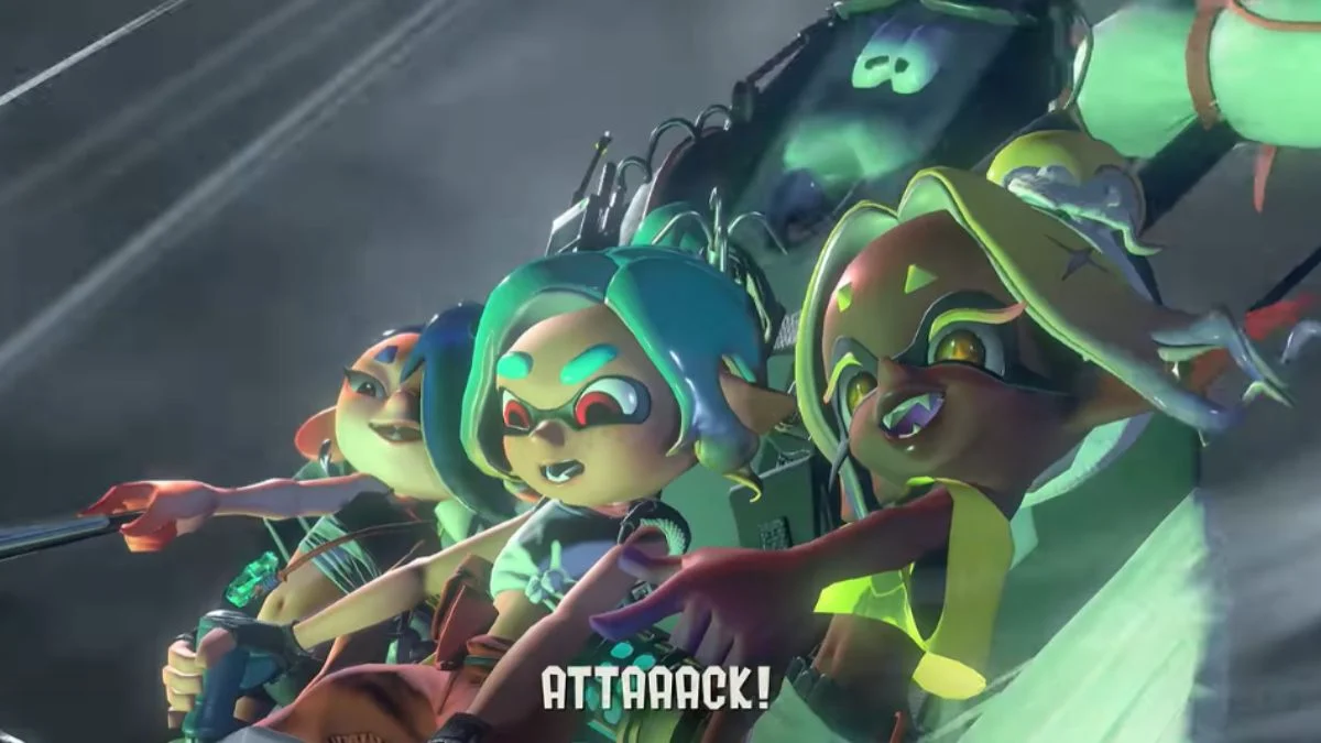 Deep Cut members initiating a final strike during the Salmonarch boss fight in Splatoon Raiders.