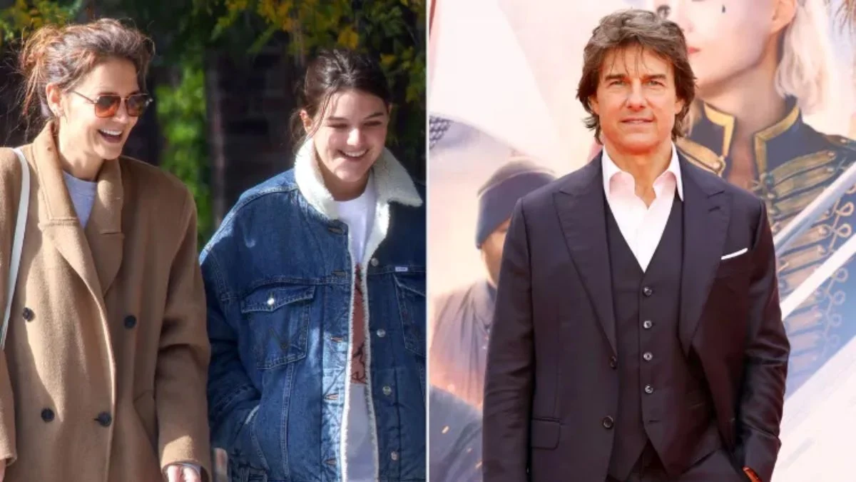 A split-screen image showing Katie Holmes laughing with her daughter Suri Noelle on the left, next to a red carpet photo of Tom Cruise in a black suit on the right.