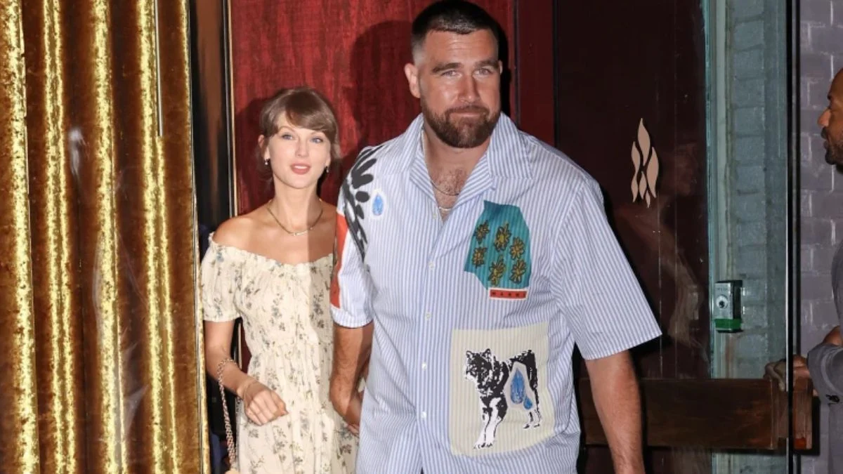 Taylor Swift and Travis Kelce walking together while exiting a venue, representing their individual high-value global brands and assets.