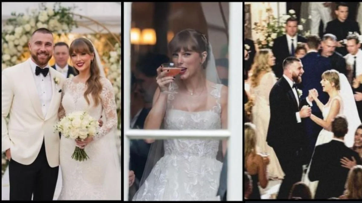 A three-panel collage showing Travis Kelce in a white tuxedo and Taylor Swift in a lace bridal gown, Taylor sipping a cocktail, and the couple dancing at their wedding reception.