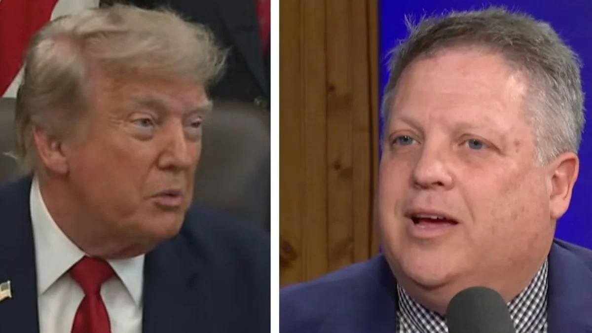 Side-by-side portrait combination showing President Donald Trump on the left speaking mid-conversation next to a close-up portrait of the newly court-appointed U.S. Attorney Roger Rogoff on the right speaking into a microphone.