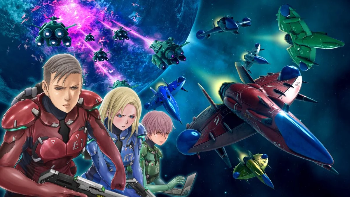 Illustrated manga-style key art of Truxton Extreme featuring three distinct anime pilots in red, blue, and green flight suits alongside their respective spaceships flying through outer space.