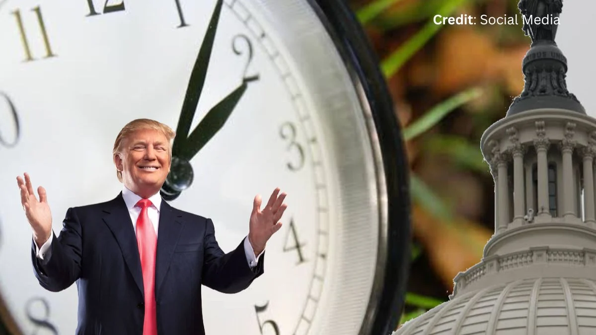 Donald Trump smiling with outstretched hands next to a clock face showing daylight saving time and the US Capitol dome.