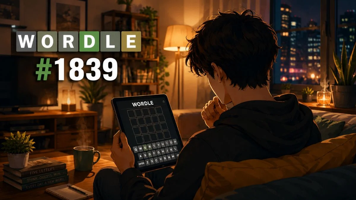 Anime-style illustration of a player sitting on a couch solving a daily word puzzle on a tablet, featuring a prominent green and grey Wordle 1839 logo overlay.