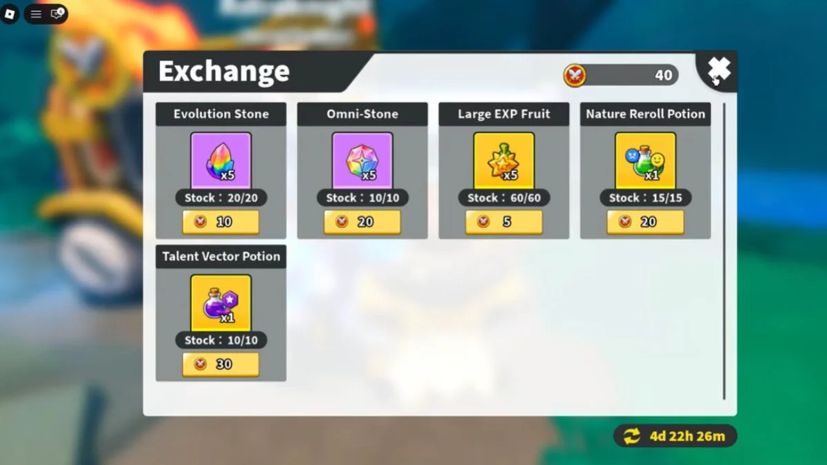 An in-game Exchange Shop interface in Roblox Evomon displaying items like Evolution Stones and Omni-Stones purchasable with Exchange Tickets.