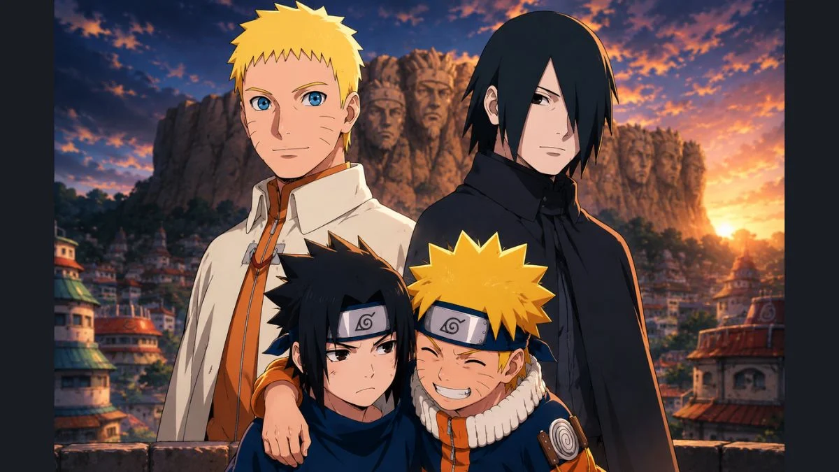 Adult Naruto Uzumaki and Sasuke Uchiha standing behind their smiling childhood versions against the backdrop of the Hokage Monument and Konoha village.