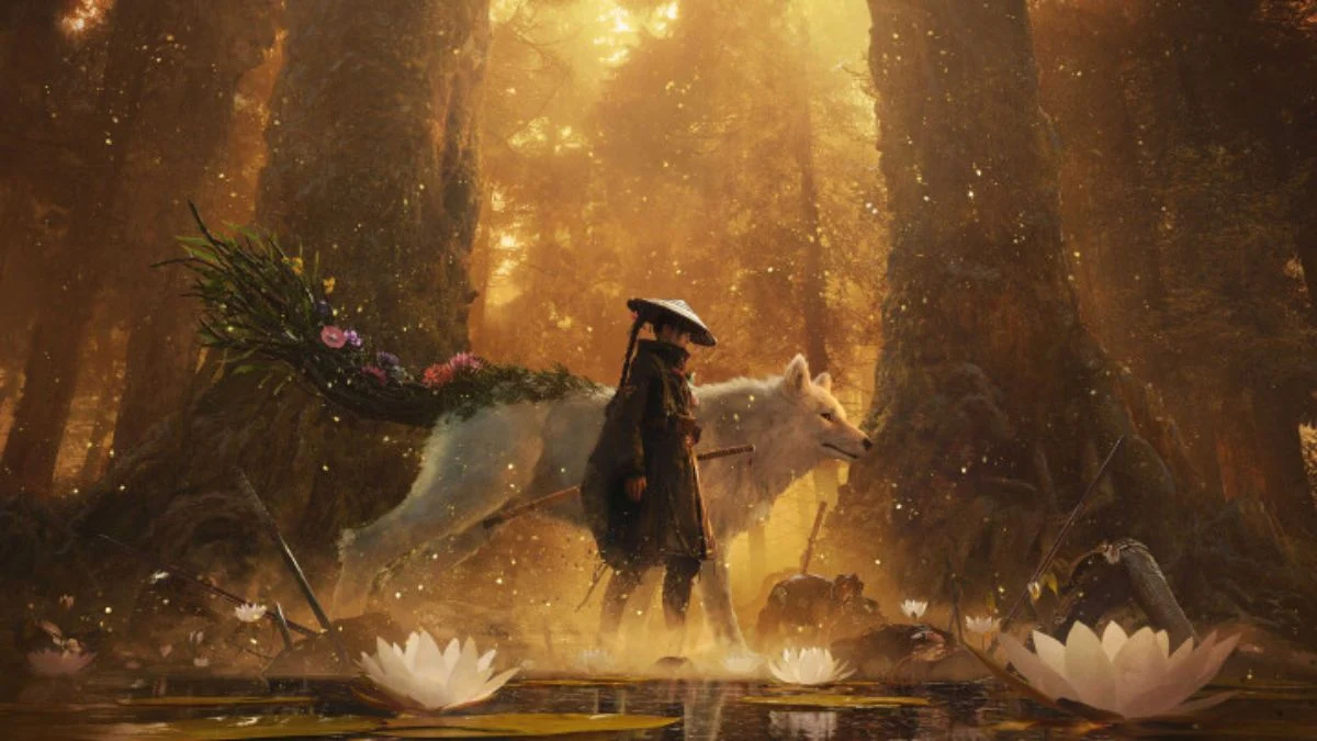 Emma wearing a straw hat standing alongside her white wolf companion Koo in a lush, overgrown forest setting in Beast of Reincarnation.