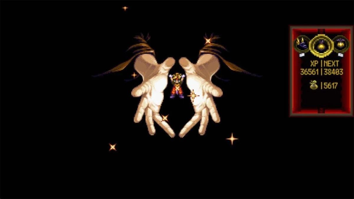 Terranigma SNES gameplay screenshot showing protagonist Ark floating inside glowing giant hands during a key story scene.
